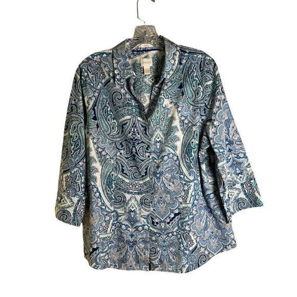 Chico's Women's Button Down Blue & White Blouse Paisley Pattern Size 12/Large - Picture 1 of 9